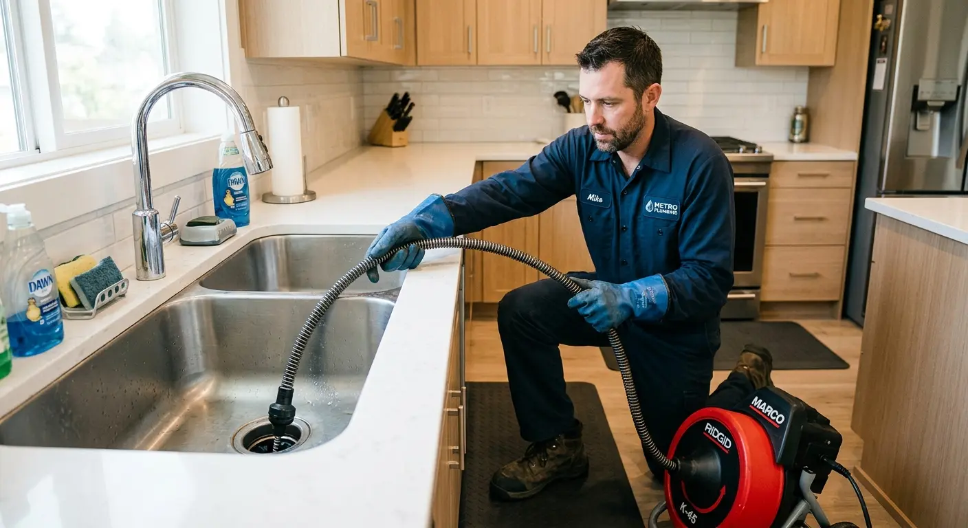 Drain cleaning technician using a motorized snake on a kitchen sink in St. Francis