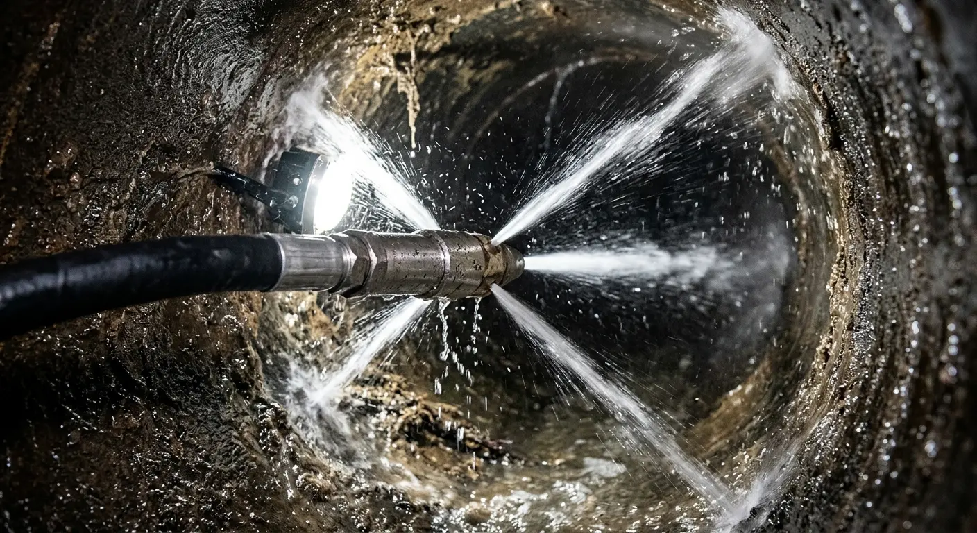 High-pressure hydro jetting nozzle cleaning sewer pipe for Emergency Drain Service in St. Francis