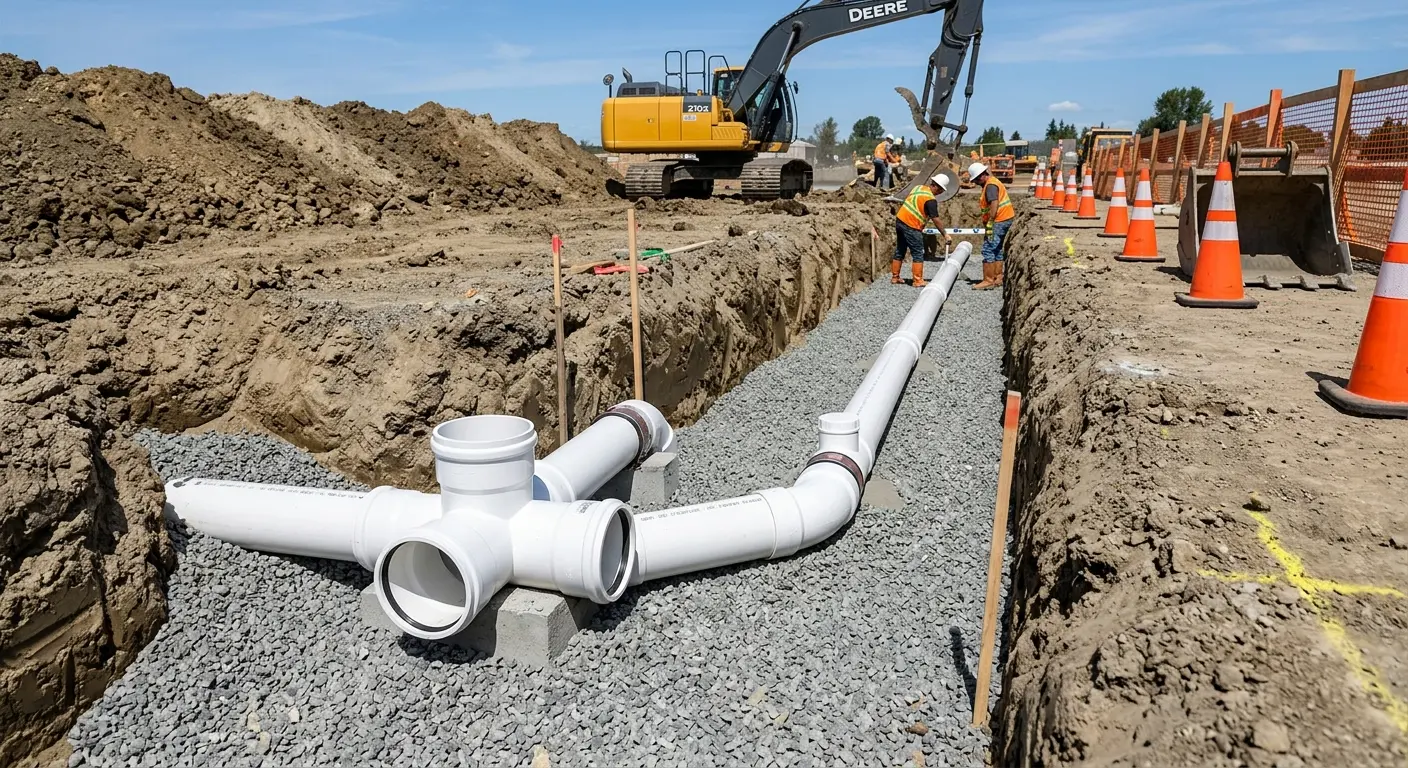 New PVC sewer pipe installation in open trench for Sewer Backup in St. Francis