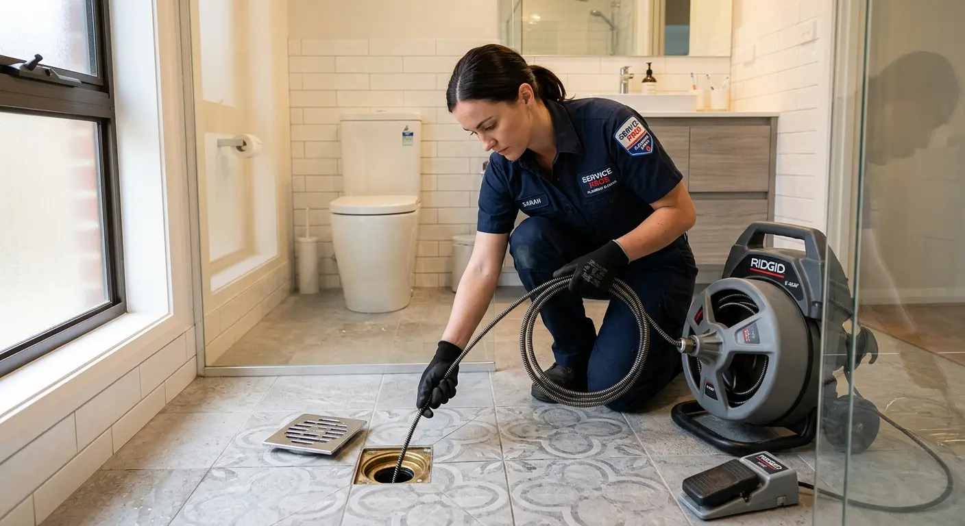 Technician clearing a bathroom floor drain for Drain Cleaning in St. Francis